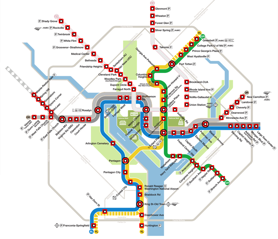 Washington, D.C. Metro Map with Template Matches Illustrated